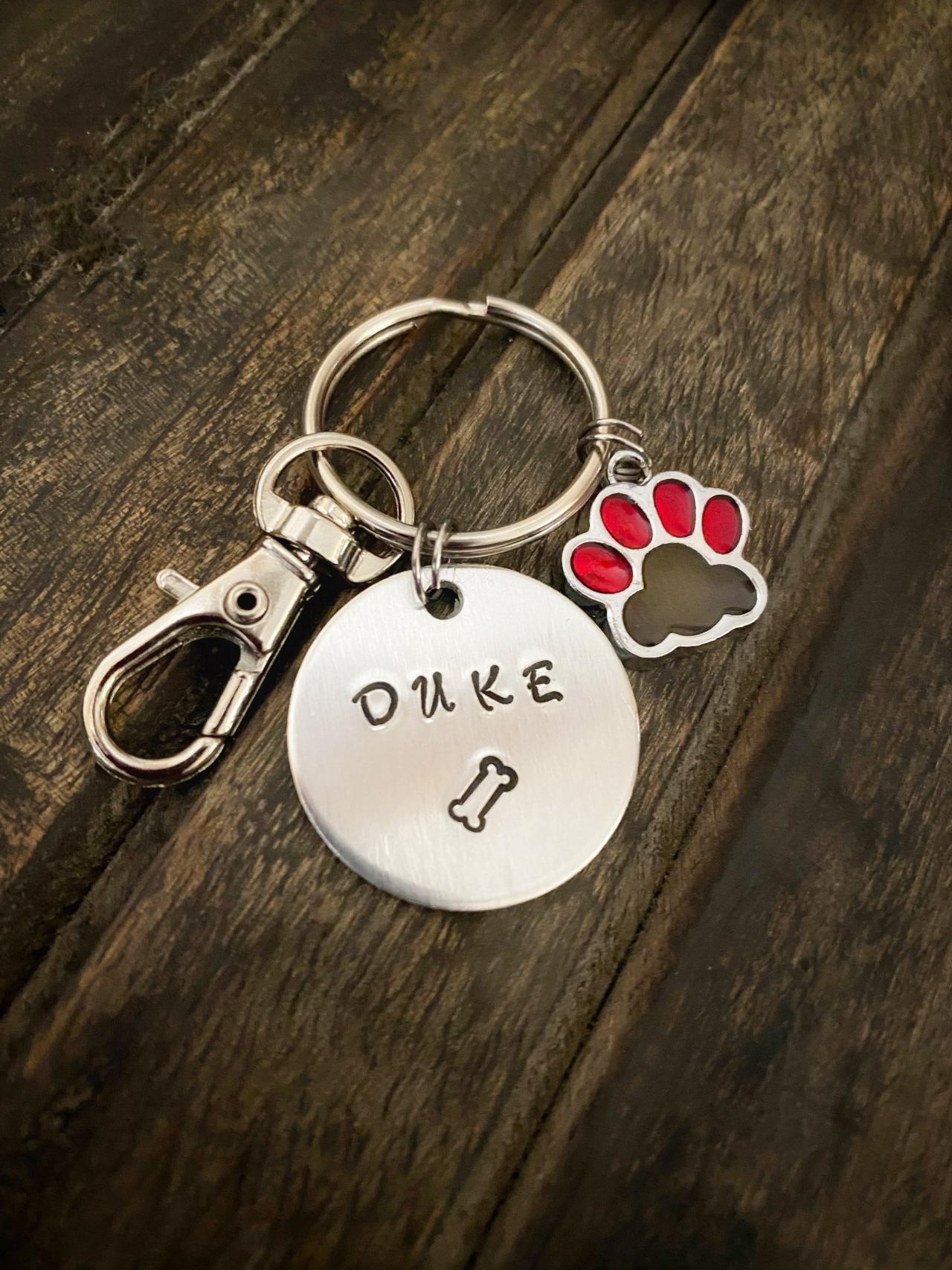 CUSTOM PET KEYCHAIN, Pet Name Keychain, Hand Stamped Keyring, Dog Bone Charm, Cat Lovers Gift, Personalize Keychain
