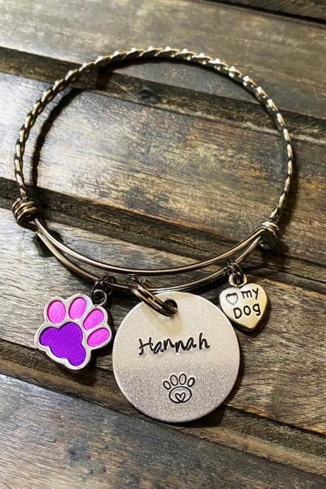 BRAIDED CHARM BRACELET, Personalized Pet Name Bracelet, Braided Fur Baby Bracelet, Dog or Cat Mom gift, Custom Hand Stamped gift