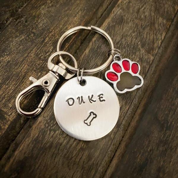 CUSTOM PET KEYCHAIN, Pet Name Keychain, Hand Stamped Keyring, Dog Bone Charm, Cat Lovers Gift, Personalize Keychain